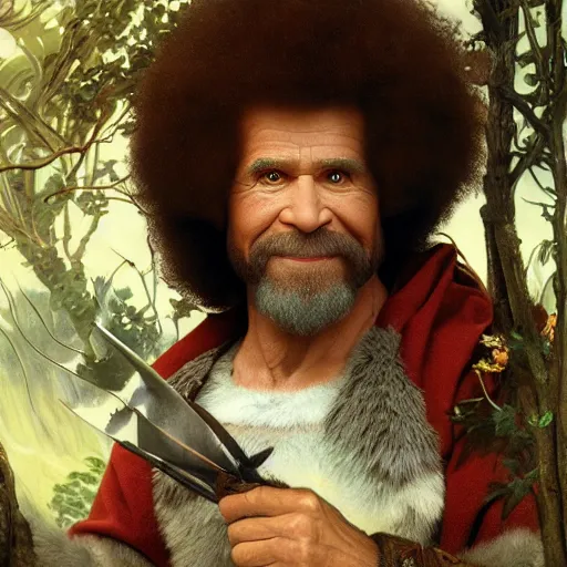 Image similar to an ultra detailed matte painting of bob ross dressed as a wandering elf druid, silver hawk animal companion, d & d, fantasy concept art by alphonse mucha and greg rutkowski, octane render, 8 k, detailed face