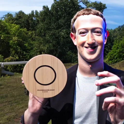 Image similar to mark zuckerberg holding a circular, wooden coaster up to the camera