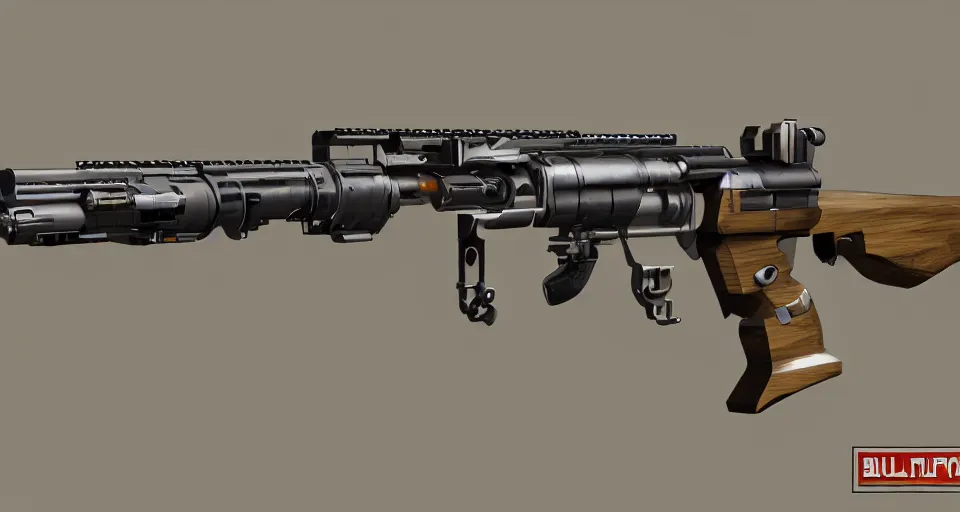 Prompt: extremely detailed ultra realistic side view photo retro vintage sci fi hyper minimalist bullpup laser sniper rifle, detailed trigger, chemically propelled, laser, steel wood accents, intricate detail, elegant sleek smooth body, railgun, chemrail, gauss, smooth utopian design, ultra high quality, octane, cod, elysium, warframe, terminator