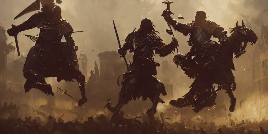 Image similar to a painting of a cinematic keyframe of two medieval knights fighting with swords at midnight by greg rutkowski, dark fantasy art, high detail, trending on artstation