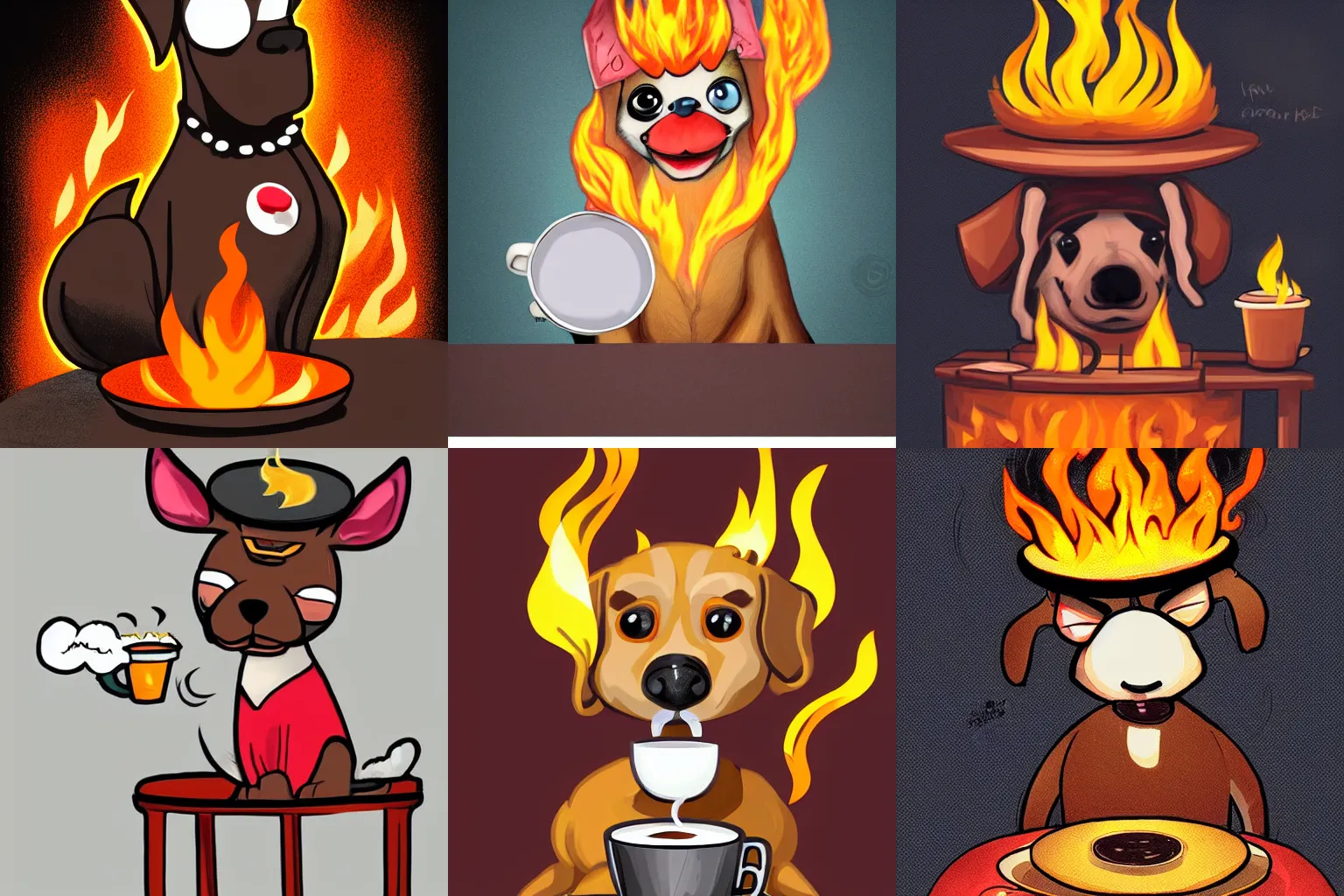 Prompt: a comic dog with large eyes wearing a tiny hat is sitting on a stool and drinking a cup of coffee, a large fire with high flames in the background, digital art, trending on artstation
