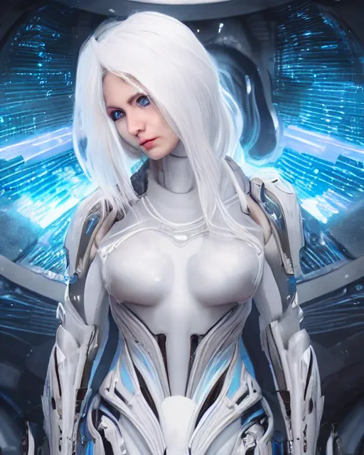 Prompt: perfect aidra fox with white hair, warframe armor, beautiful, dreamy, pretty face, blue eyes, portrait, bright light, scifi, utopian architecture in the background, laboratory, ultra realistic, intricate, glow, cinematic, extreme details, focused, masterpiece, art by seunghee lee, blair armitage