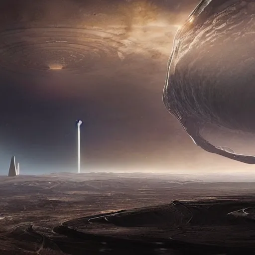 Image similar to alien landscape with a spaceport far on the horizon, epic lighting, elegant, calm, artwork by Charles Vacher