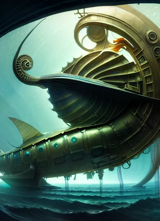 Image similar to epic concept illustration, highly detailed, intricate mechanical design, hard science concept art, underwater nautilus submarine being prepared for launch, by greg rutkowski and alphonse mucha. uhd, cinematic lighting, amazing depth, cinematography by 2 0 1 7