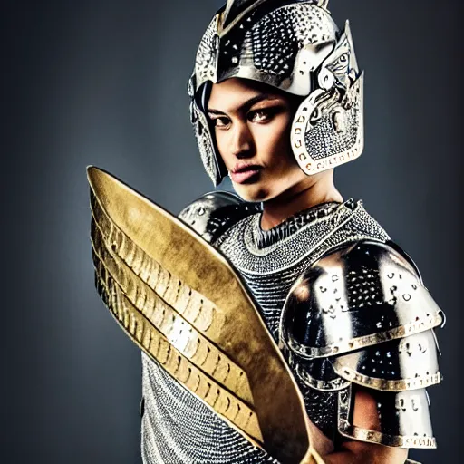 Image similar to photo of a real-life beautiful warrior with diamond encrusted armour