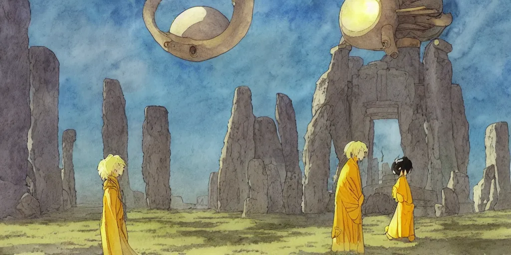 Image similar to a hyperrealist studio ghibli watercolor fantasy concept art of a giant chinese god and a small grey alien with a yellow robe in stonehenge in the early morning. a giant gold ufo is floating in the air. by rebecca guay, michael kaluta, charles vess