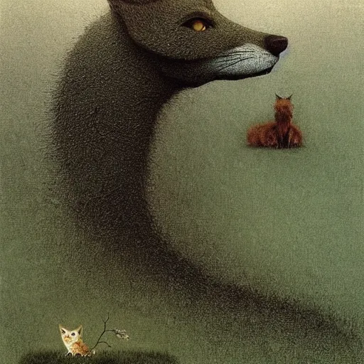 Image similar to a little flower in the middle of a deserted little prince and fox looking at eachother green dark landscape, by Beksinski, hd,