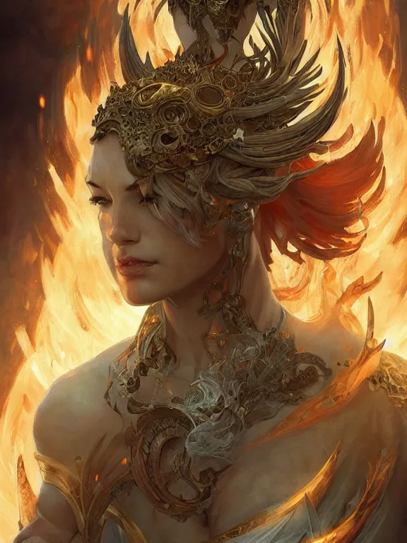 Prompt: powerful summoner with a fire elemental, fantasy, man, intricate, elegant, highly detailed, digital painting, artstation, concept art, wallpaper, smooth, sharp focus, illustration, art by artgerm and greg rutkowski and alphonse mucha