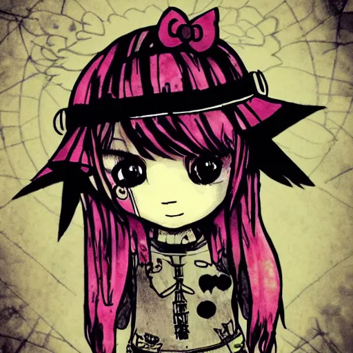 Image similar to punk little girl, profile picture, grunge fashion, reflection, cute artwork, inspired by made in abyss, hello kitty art style gothic style