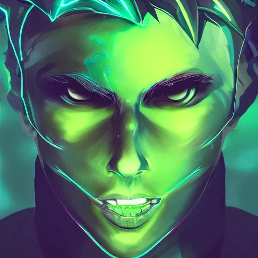 Prompt: a digital matte intricate face illustration concept art, young danny phantom with glowing green eyes cute alt art fashion inspired by charlie bowater and wlop and mark arian and ross tran + neon colors, symmetry, intricate complexity, epic composition, magical atmosphere, highly detailed, cinematic lighting + masterpiece, trending on artstation + 8 k