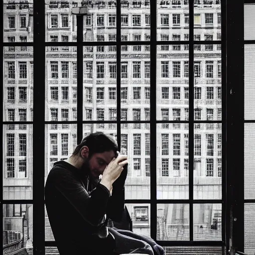 Prompt: sad programmer who moved to london for money working late into the night, raining outside, photography