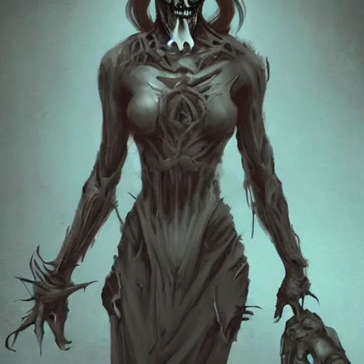 Image similar to female wraith, undead, dynamic pose, skull, terrifying, dark, fog, artstation