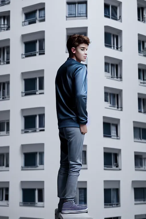 Image similar to un ultra high definition studio quality photographic art portrait of a young man standing on the rooftop of a british apartment building wearing soft padded silver pearlescent clothing. three point light. extremely detailed. golden ratio, ray tracing, volumetric light, shallow depth of field. set dressed.