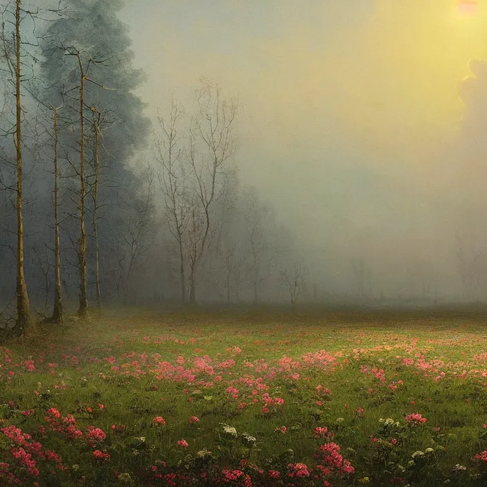 Prompt: a beautiful painting of spring at chernobyl by ivan aivazovsky and zdzisław beksinski and rene magritte and greg rutkowski and james gurney, in style of digital art. hyper detailed, sharp focus, soft light. octane render. maya. ray tracing. trending on artstation