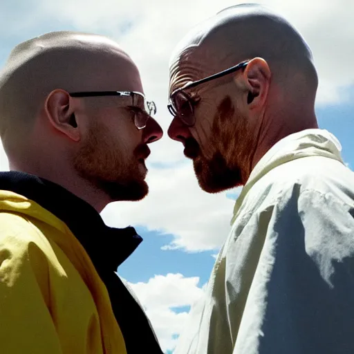 Image similar to a still from breaking bad of Jesse Pinkman kissing Walter White, close-up, highly detailed skin