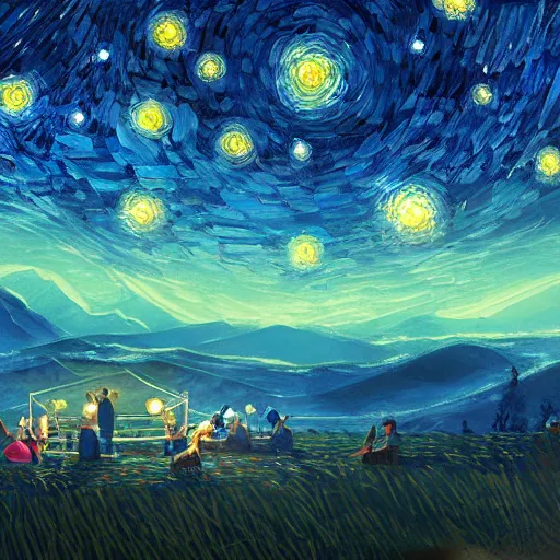 Image similar to Starry night, dreamy world, makoto shinkai, pixiv scenery art, light refraction