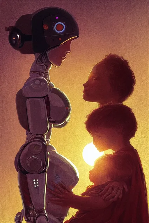 Prompt: a close-up portrait of a damaged robot mother with her human baby, dramatic backlighting, maternity feeling, golden hour, autochrome, high contrast, highly detailed, sharp focus, digital painting, concept art, illustration, cyberpunk, solarpunk, trending on artstation, art by greg rutkowski and greg hildebrandt, composition by alphonse mucha