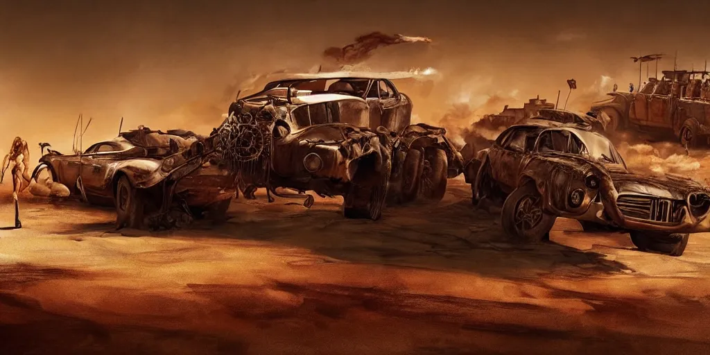 Image similar to an environmental concept art from mad max fury road, single muscle car speeding through the desert, highly detailed, cinematic, dramatic lighting by francis tneh, guy fieri eating a burger, lara croft punching a toaster