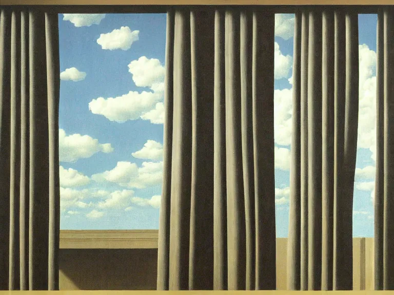 Image similar to curtains with clouds painted on them, painting by rene magritte, centered, high detail, high resolution