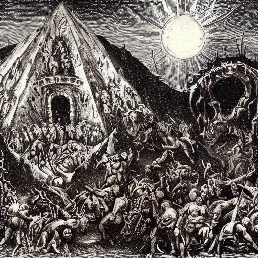 Image similar to a religious scene, chaos, night, rot, blood, epic art, dante's inferno, highly detailed, intricate background