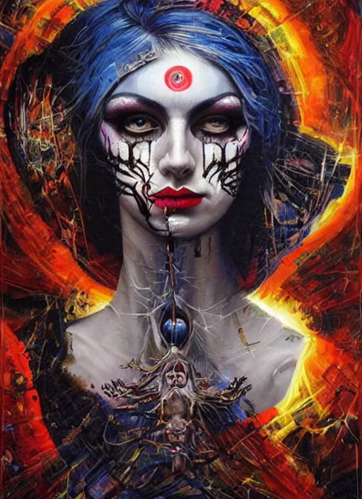 Image similar to incredible magic cult psychic woman, symmetrical painted face, third eye, energetic consciousness psychedelic, epic surrealism expressionism symbolism, story telling, iconic, dark robed, oil painting, layers on layers on layers, dark myth mythos, by Sandra Chevrier , Bruce Pennington, masterpiece