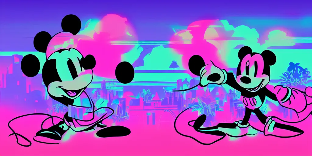 Image similar to vaporwave, vector graphics, somber mickey mouse silhouette, synthwave, neon