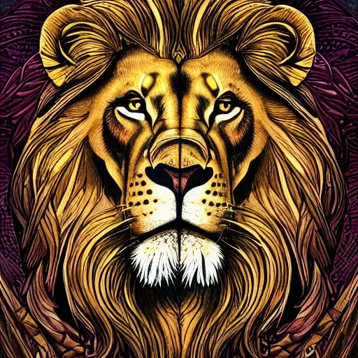 Image similar to realistic detailed lion, zodiac leo by dan mumford, Art Nouveau, Neo-Gothic, Surreality, gothic, rich deep moody colors