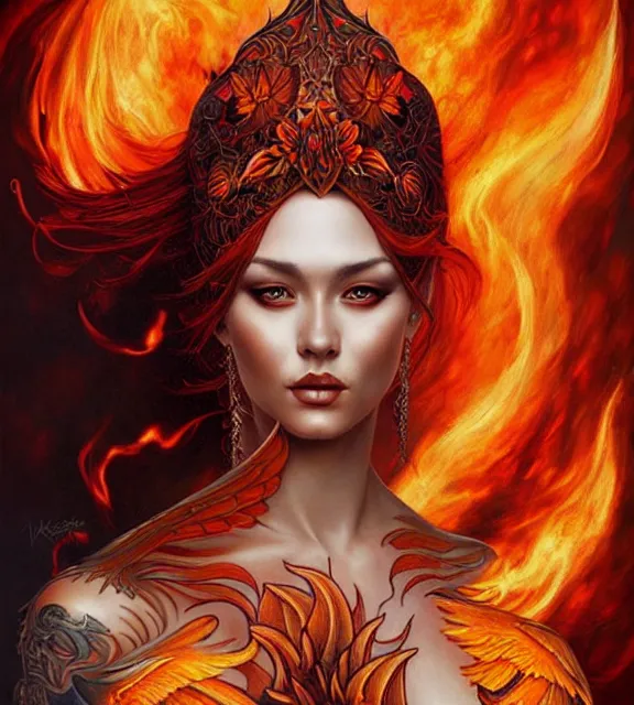 Prompt: woman with fiery tattoos, fiery wings, beautiful, intricate, full body, digital art by artgerm and karol bak