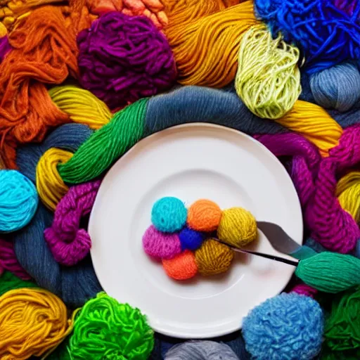 Image similar to a man eating colorful yarn, with a dinner plate of a pile of muppets