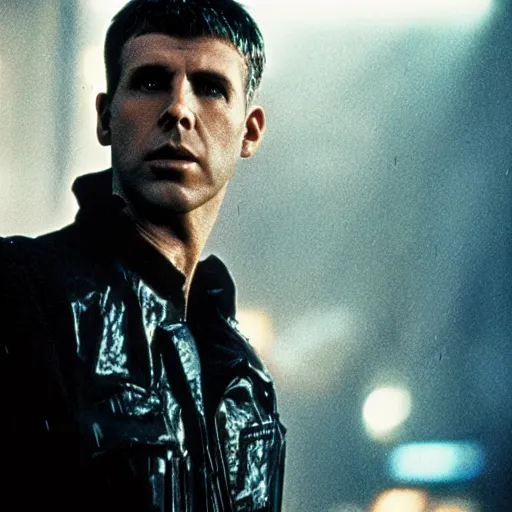 Image similar to film still blade runner with a man in a techwear outfit