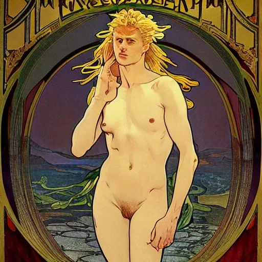 Image similar to A extreme long shot, stunning, breathtaking, awe-inspiring, award-winning, ground breaking, concept art, nouveau painting, of Lucifer, extra-light natural blonde hair, sophisticated well rounded face, bright glowing eyes, fit body, porcelain looking skin, standing tall invincible over the remains of Heaven, by Michelangelo, Alphonse Mucha, Michael Whelan, William Adolphe Bouguereau, John Williams Waterhouse, and Donato Giancola, Dark Fantasy mixed with Socialist Realism, exquisite, intricate, dramatic, hyperrealistic, atmospheric, cinematic, trending on ArtStation , 8k
