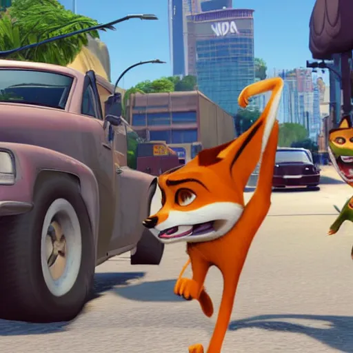 Image similar to Nick Wilde (from Zootopia) in a Grand Theft Auto loading screen