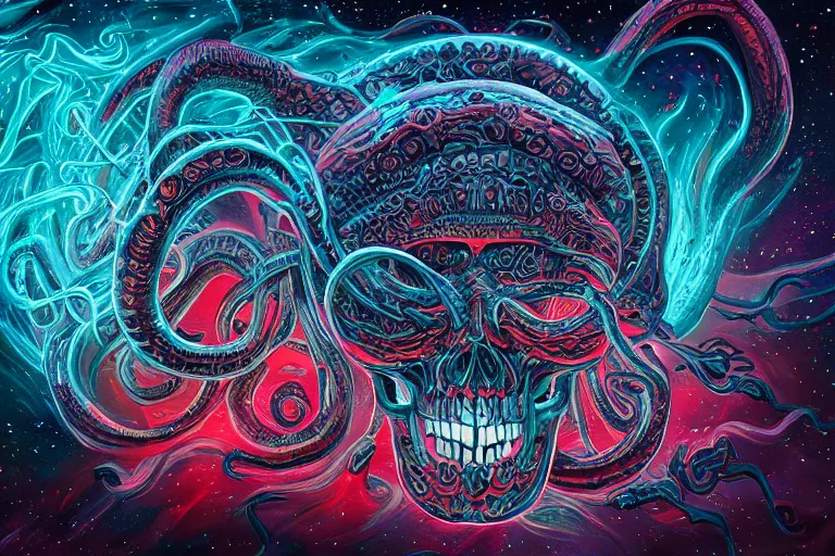 Image similar to a giant skull with intricate rune carvings and glowing eyes with lovecraftian tentacles emerging from a space nebula by dan mumford, smoke trails, digital art, photorealistic, vivid colors, highly detailed, intricate