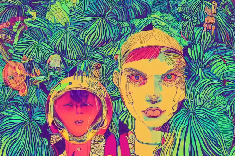 Image similar to gigantic girl faces, tiny robots, a lot of exotic vegetation around, risograph!, colorful flat surreal design, super - detailed, a lot of tiny details, fullshot, by luigi serafini