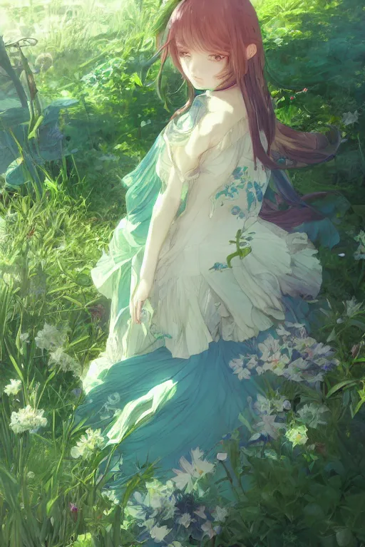 Image similar to a depressed digital art, loli in dress, garden, green and warm theme, blue accents, back lighting, highly detailed, 4 k resolution, trending on art station, by krenz cushart and mucha and akihito yoshida and greg rutkowski and makoto shinkai