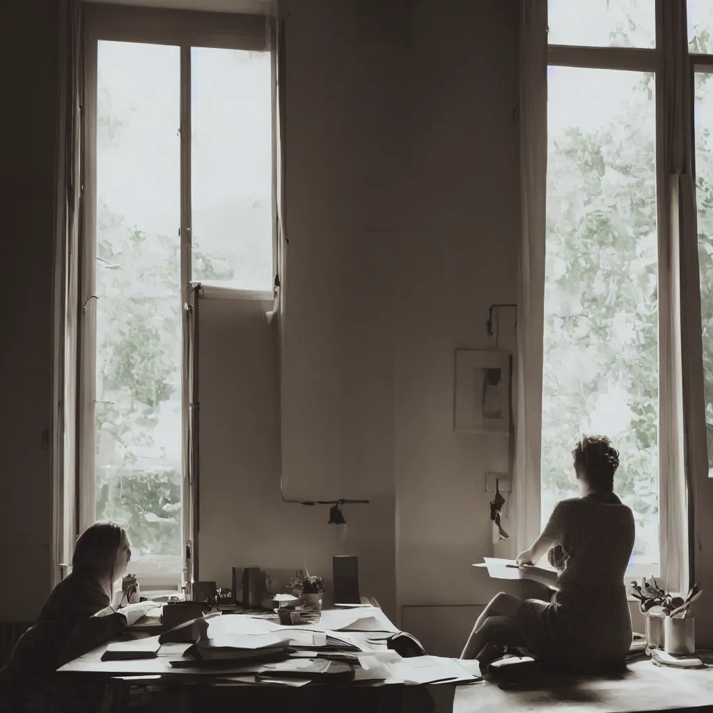 Image similar to a woman sitting a desk next to a window, reading a letter, warm, happy, sunlight