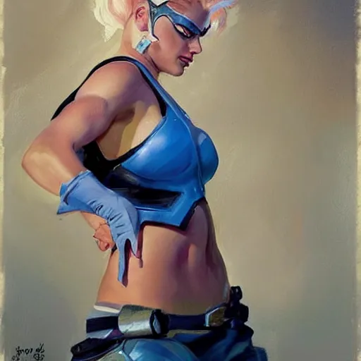 Image similar to greg manchess portrait painting of margot robbie as zarya from overwatch, medium shot, asymmetrical, profile picture, organic painting, sunny day, matte painting, bold shapes, hard edges, street art, trending on artstation, by huang guangjian and gil elvgren and sachin teng