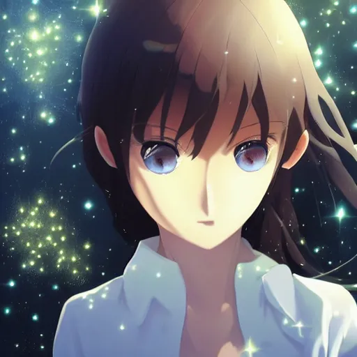 Image similar to a beautiful girl's eyes, stars are hidden in the eyes, 8 k, stunning, dream, highly detailed, super macro, surrealist, close - up view, makoto shinkai