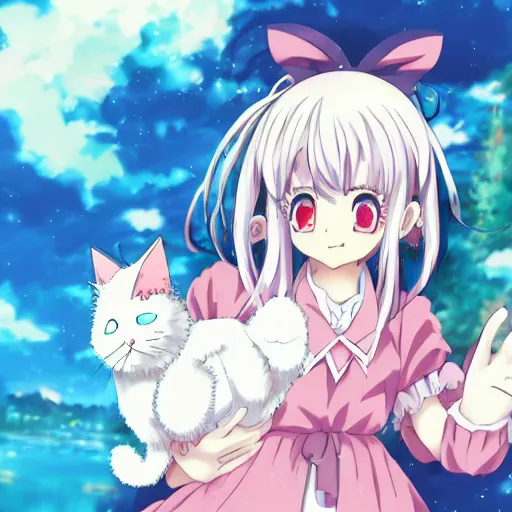 Prompt: anime key visual of a moe character girl, is petting a white ragdoll cat. from sanrio gensokyo as a moe anime girl, 4 k, hd, pixiv, wallpaper, official media | sanrio glitchcore yokai girl, shadowverse character concept, found footage horror, glitter gif