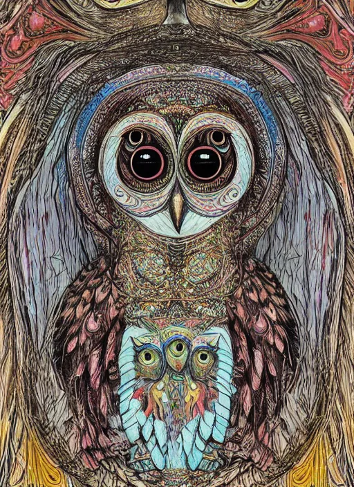 Prompt: detailed psychedelic painting of a owl god, Da Vinci Style