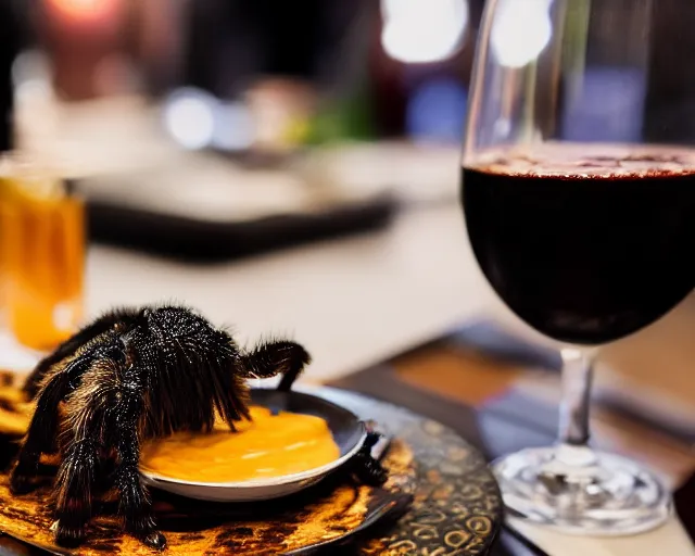 Prompt: 8 5 mm food photography of a plate of grilled tarantulas in ketchup dip at a restaurant with dof and bokeh and wine glasses out of focus in the background. highly detailed 8 k. intricate. lifelike. soft diffused light. nikon d 8 5 0.