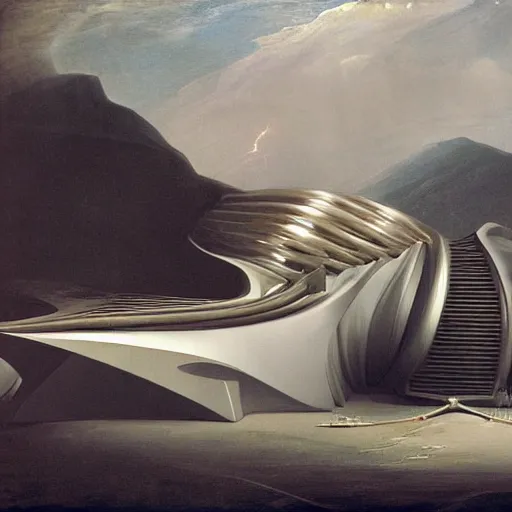 Image similar to oblivion film transport design zaha hadid forms car and wall structure in middle of the coronation of napoleon painting by Jacques-Louis David black ceramic material shiny gloss water reflections search pinterest keyshot product render 4k