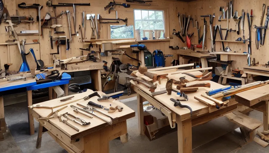 Image similar to A wood workers workshop with a lot of tools