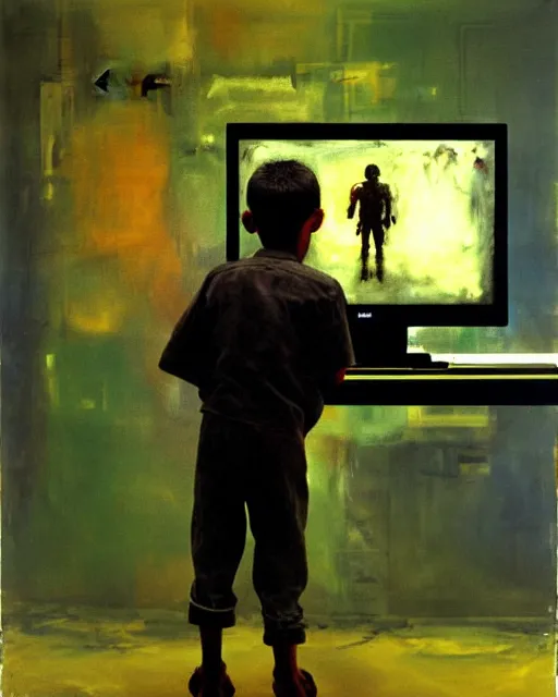 Prompt: expressive painting of a an 8 years old enlightened and scared boy standing in front of an old computer with a game doom2 at the monitor screen painted by Adrian Ghenie, by Gerhard Richter and Marlene Dumas.