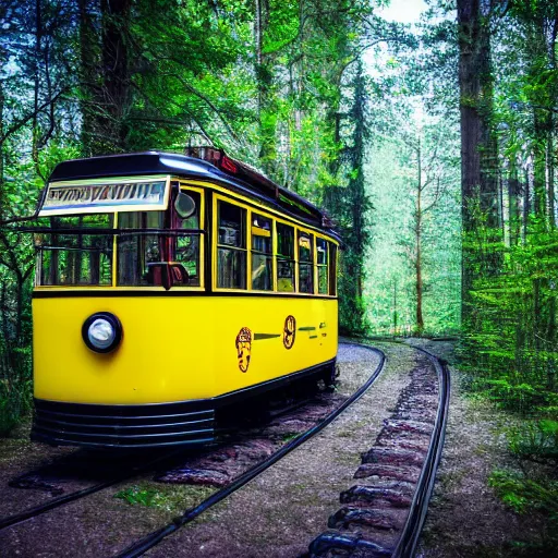 Image similar to Yellow oldschool Tram in a forest, 8k UHD, high quality, studio photo,