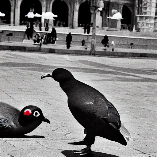 Prompt: a mexican pigeon being complacent with a french platypus spy, in the middle of pissa square, animation, sepia photography