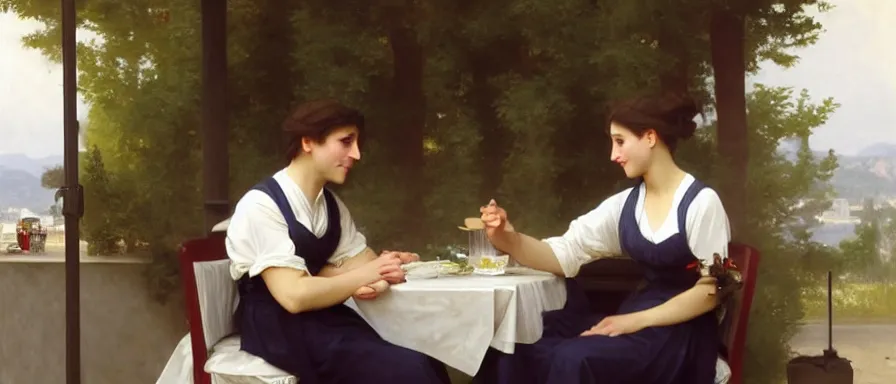 Prompt: couple at a diner, happy, chatting, art by william Adolphe Bouguereau, extremely detailed, award winning, artstation