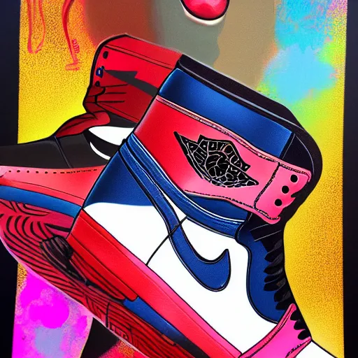 Prompt: A beautiful, surreal, hyperdetailed portrait painting of a Air Jordan 1 wearing Michael Jordan as a shoe in the style of Fewocious, hyperrealistic, 8K, HD, trending on artstation