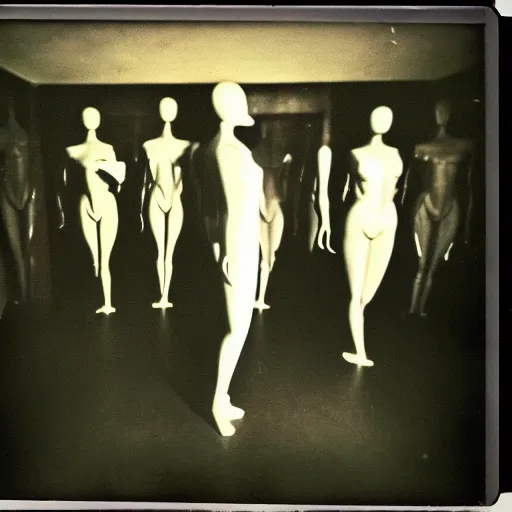 Image similar to dark room filled with shadowy mannequins, horror, nightmare, terrifying, surreal, nightmare fuel, old polaroid, blurry, expired film, lost footage, found footage,