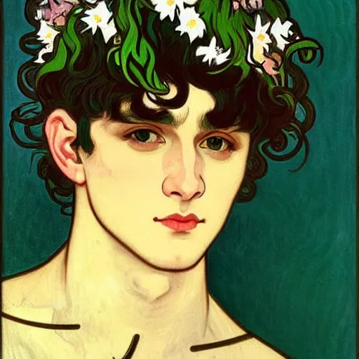 Prompt: painting of young handsome beautiful dark medium wavy hair man in his 2 0 s named shadow taehyung wearing a floral hair crown at the cucumber and banana soup party, elegant, clear, painting, stylized, delicate, soft facial features, art, art by alphonse mucha, vincent van gogh, egon schiele